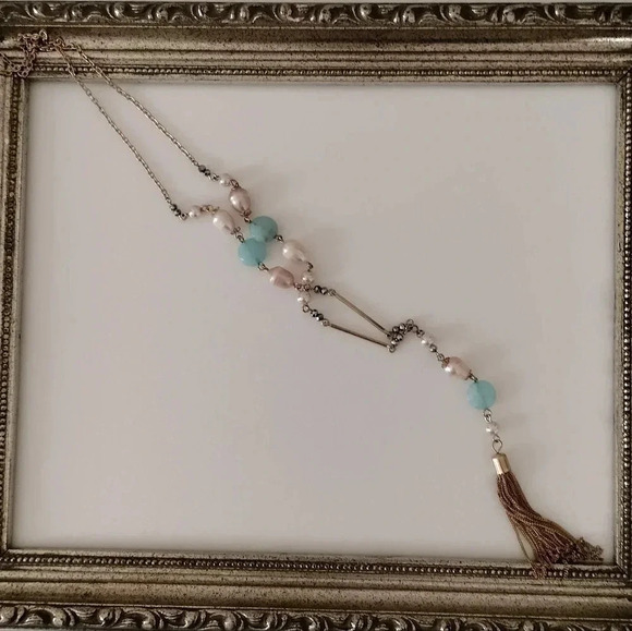 Gold tone Tassel Necklace Blue beads with light Pink champagne pearl - Picture 6 of 8